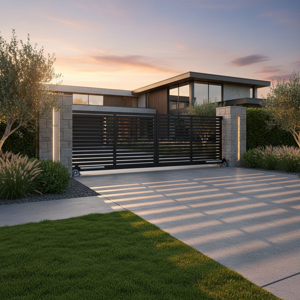 Modern automatic gate system installed at residential property entrance